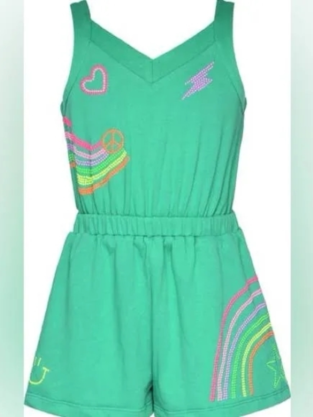 Hannah Banana Green Sleeveless Romper with Rainbow Graphics